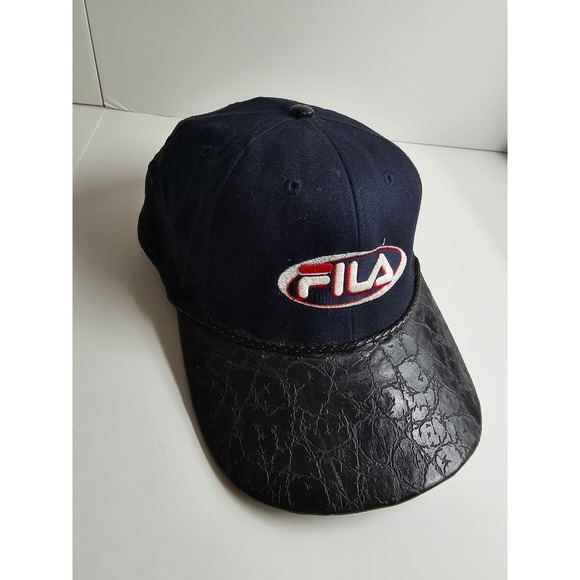 Vintage Fila Hat 90s Leather Brim Hiphop Navy Blue Spelled Out Logo Adjustable - Picture 1 of 7